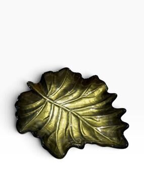 VTG Olive Green Leaf Shaped Glass Decor Metallic Iridescent Finish